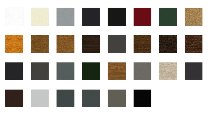 Verschiedene Farbmuster für Fensterrahmen, einschließlich Weiß, Creme, Grautöne, Schwarz, Rot, Grün und verschiedene Holztöne.