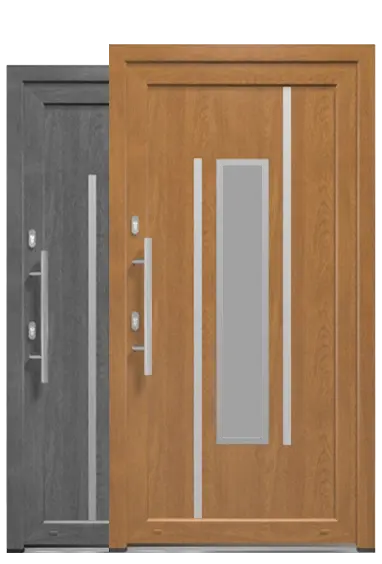 Zwei moderne Haustüren aus PVC, eine in Holzoptik und eine in Dunkelgrau, präsentiert von Fensterstudio Nord